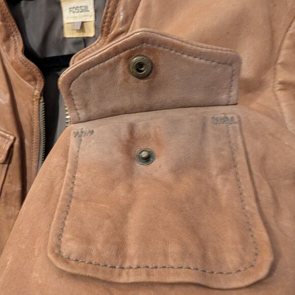 Fossil Womens Leather Bomber Jacket Brown Size Small Front Pockets Ribbed Trim - Picture 6 of 13